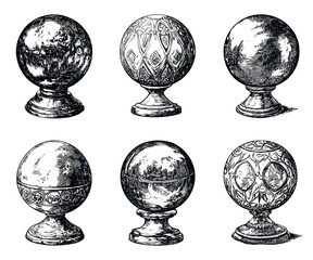 Wall Mural - Magic Orb Collection Engraving Illustration White Background Enigmatic Magic Orbs Mystical Spheres Detailed Engravings Unique Designs Esoteric Symbols Decorative Art Enchantment
