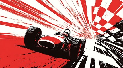 Fototapete - A classic race car speeding towards the finish line with a checkered flag background.