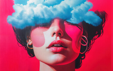 Wall Mural - a vibrant and colorful illustration of a woman's face with a background of fluffy clouds.