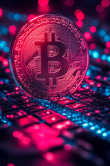 Poster - Geometric shapes with cryptocurrency symbols on a clean, gradient background, creating a futuristic finance aesthetic,