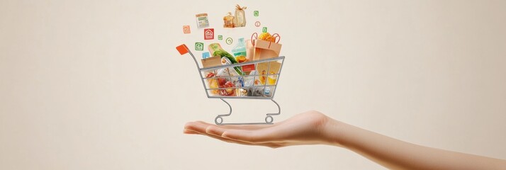 Poster - A hand supports an abstract shopping cart filled with various grocery items, reflecting creativity and consumerism in a minimalist setting. Generative AI