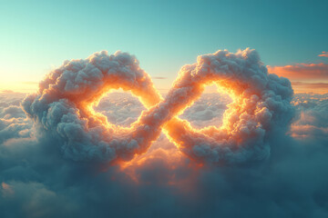 Aufkleber - Surreal 3D artwork of two clouds connecting as an infinity symbol, illuminated with warm, pastel colors against a soft sky,