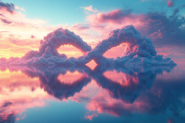 Poster - Gentle 3D scene of two clouds forming an infinity loop, set in a soft blue-pink gradient sky for a dreamy effect,