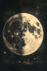 Aufkleber - Dark, detailed engraving of two moons intertwined, with one full and one crescent, softly glowing against a star-speckled background,