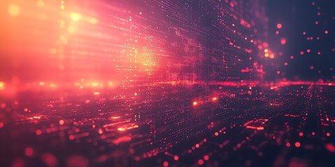 Leinwandbilder - Abstract digital background with red and orange lights, depicting a futuristic city skyline.