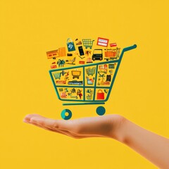 Aufkleber - A hand supports a creatively designed shopping cart packed with various colorful items, set against a vivid yellow backdrop. Generative AI