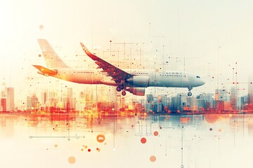 Aufkleber - Airplane landing over a city with abstract digital connections, a blend of technology and travel.