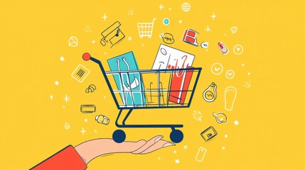 Aufkleber - A hand grips an abstract shopping cart, which is filled with vibrant items, all set against a cheerful yellow backdrop. Generative AI