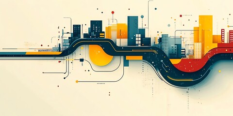 Fototapete - Abstract illustration of a city with colorful geometric shapes and lines.