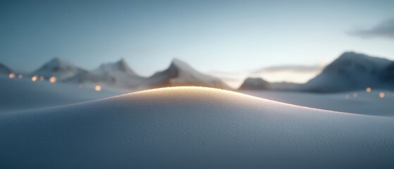 Wall Mural - A serene winter landscape featuring smooth, snow-covered hills, with distant mountains under a soft, glowing light.