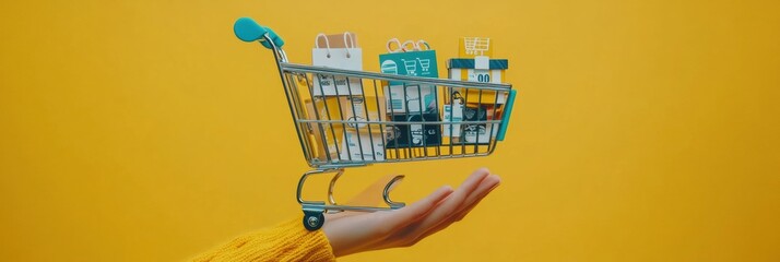 Poster - A vibrant hand displays an artistic shopping cart loaded with decorative packages, creating a cheerful shopping vibe. Generative AI