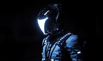 Aufkleber - A black background with an illuminated spacesuit, showing off the futuristic design of his helmet and body armor, glowing accents on the visor, or reflections on the polished surfaces.