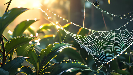 spider web with dew drops in the morning sunlight, nature background