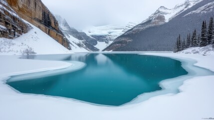 Wall Mural - A serene winter landscape featuring a turquoise lake surrounded by snow-covered mountains and trees under a cloudy sky.