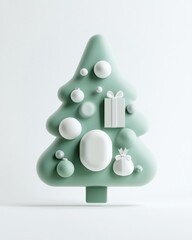 Wall Mural - Minimalist green Christmas tree design featuring decorative ornaments and gifts in a modern, playful style perfect for holiday-themed projects and graphics