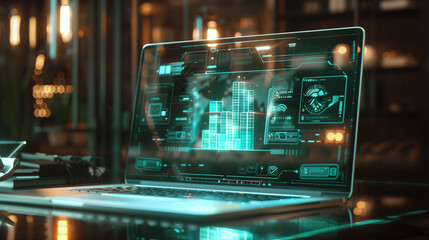 Canvas Print - business laptop screen with a floating hologram displaying digital financial transactions, invoices,