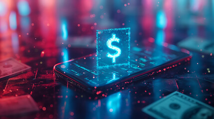 Wall Mural - digital dollar sign floating above a smartphone, visualizing online payment transactions, account ba