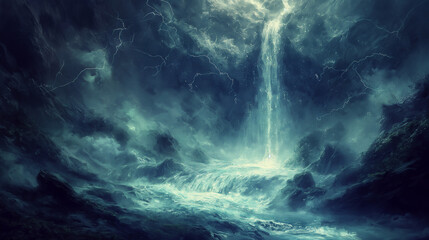 Wall Mural - Abstract Illustration Waterfall flowing through the center of the clouds to the sea. The idea that truth is salvation, giving hope even in the midst of despair.