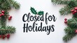 © Lamina - 'Closed for Holidays' text in black serif font on white, with simple holly icon for a clean, minimalist holiday feel.