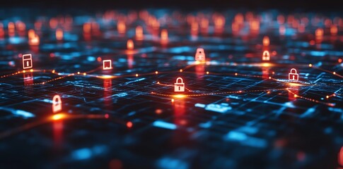 Aufkleber - Abstract digital network with glowing red lock icons on blue background.