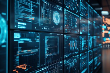Fototapete - A wall of screens with glowing blue and orange data, a close-up of a modern control room.
