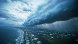 Climate Change Crisis: Terrifying Hurricane Approaching Coastal Town with Dark Clouds and Turbulent Waters