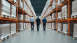 © wipawan - Overhead view of warehouse ,Male warehouse worker pulling a pallet truck , High angle ,Forklift Truck Operator Lifts Pallet with ardboard Box, Logistics, Distribution Center,foremen,manager.