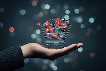 Poster - A hand supports an abstract shopping cart overflowing with vibrant products, captured in a dreamy, blurred nighttime setting. Generative AI