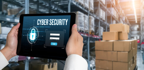 Cyber security system on computer screen protect private information snugly from hacker and cyber attack