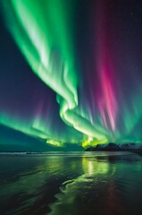 colorful polar northern lights, reflection in water of bay on coast. spring landscape background. au