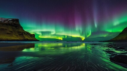 colorful polar northern lights, reflection in water of bay on coast. spring landscape background. au