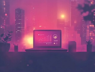 Fototapete - Laptop on a desk with a graph on the screen, in a neon cityscape at night.