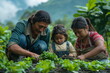 © Inna - A man and two children are tending to leafy greens in a vibrant garden. They work closely, planting and nurturing their crops while enjoying the warm weather and surrounding nature