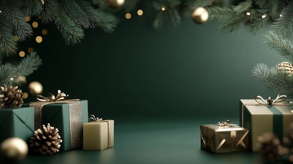 Poster - Elegant Christmas Gift Arrangement with Pine Branches and Baubles on Green Background : Generative AI