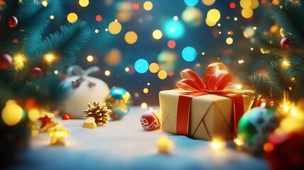 Poster - Holiday Gift Wrapped Present with Glowing Background and Pine Decorations : Generative AI