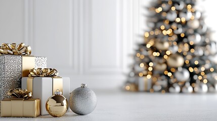 Aufkleber - Elegant Christmas Decor with Gold and Silver Wrapped Gifts and Decorated Tree : Generative AI