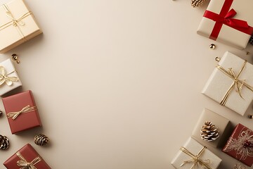 Poster - Elegant Christmas Present Arrangement on Beige Background with Sparkling Ornaments : Generative AI