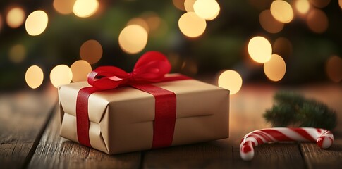 Poster - Festive Christmas Gift with Red Ribbon and Candy Cane on Rustic Wooden Table : Generative AI