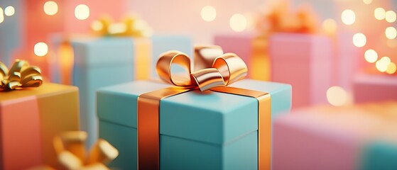 Poster - Colorful Gift Boxes with Golden Ribbons in a Bokeh Light Background : Generative AI