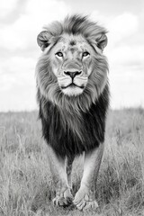 Wall Mural - a majestic lion walking across a grassland, showing its full magnificence.