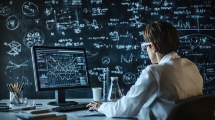 Poster - A scientist conducts data analysis on a computer in a lab full of research materials and chalkboard equations
