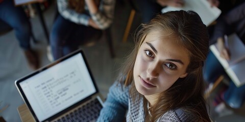 Wall Mural - Girl is sitting in front of a laptop with a serious expression on her face. She is the main focus of the image