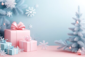 Poster - Elegant Winter Wonderland with Blue and Pink Gift Boxes Amidst Snowy Foliage and Snowflakes : Generative AI