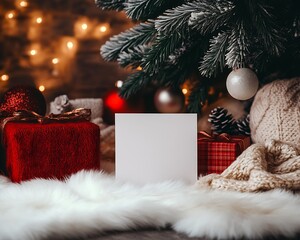 Poster - Merry Christmas Setup with Decorative Presents and Blank Card Under the Lit Tree : Generative AI