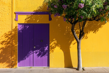 Wall Mural - Bright yellow wall with a bold purple door and flowering tree casting shadows in urban sunlight.