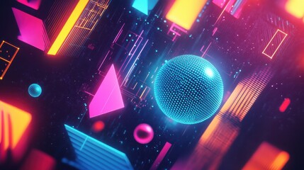 Leinwandbilder - A vibrant futuristic abstract background filled with floating geometric shapes and glowing orbs in a dynamic digital environment