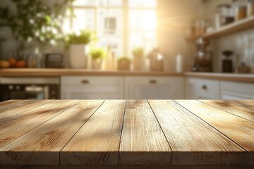 A wooden table in a kitchen with sunlight shining in the background.