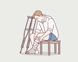 © autumnn - Disability and health problem concept. Young Disabled person man sitting with crutches. Hand drawn style vector design illustrations.