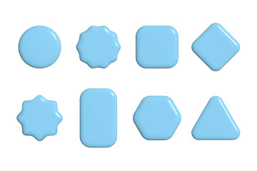 Set of realistic 3d glossy plastic geometric shape light blue gradient buttons isolated vector illustration