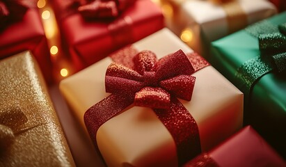 Poster - Elegant Christmas Presents with Red Bows and Glowing Lights Perfect for Festive Celebrations : Generative AI
